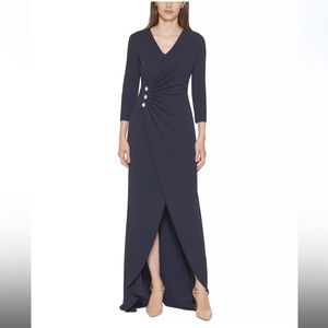 NWT | Calvin Klein Embellished Faux Wrap Gown | Navy | Size 8